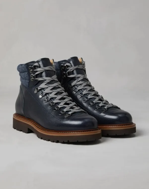 Texture calfskin mountain-style boots with wool diagonal insert