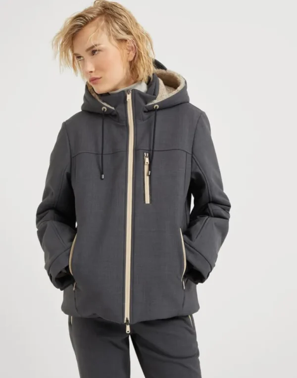 Tropical luxury wool mountain jacket with Thermore® padding, shearling-lined hood and monili