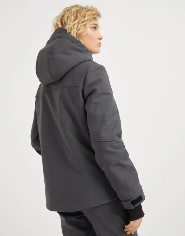 Tropical luxury wool mountain jacket with Thermore® padding, shearling-lined hood and monili