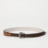 Two-tone reversed calfskin belt with detailed buckle and tip