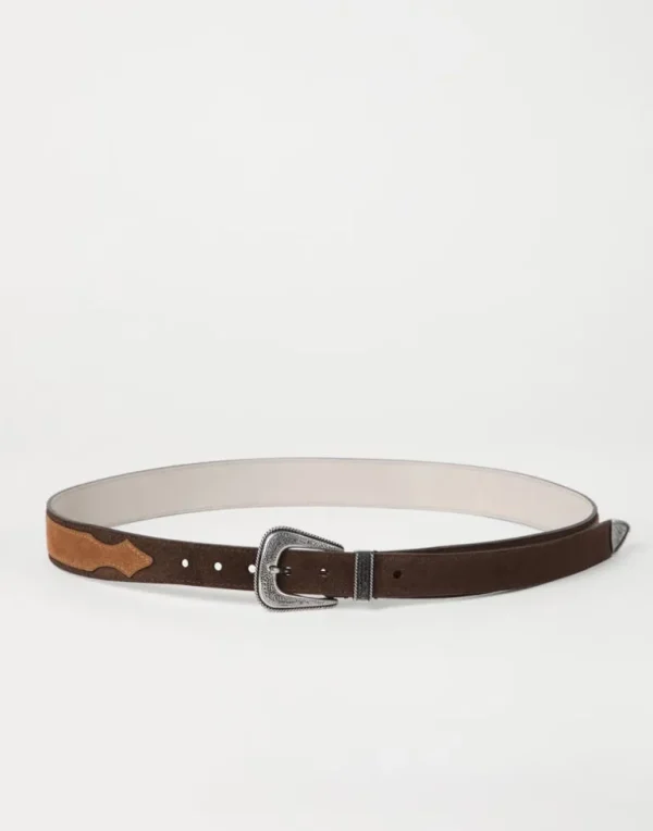 Two-tone reversed calfskin belt with detailed buckle and tip