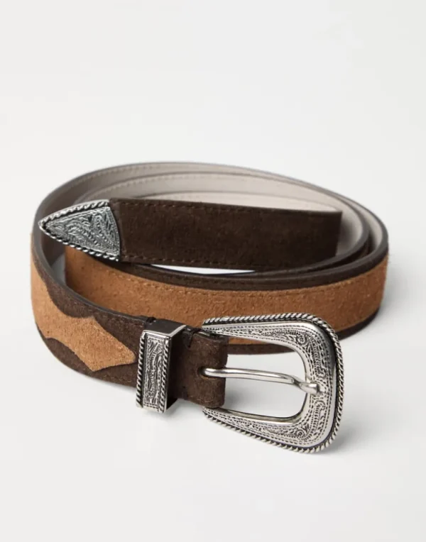 Two-tone reversed calfskin belt with detailed buckle and tip