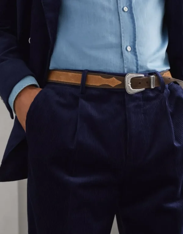 Two-tone reversed calfskin belt with detailed buckle and tip