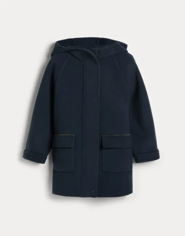 Virgin wool and cashmere double cloth hooded coat with monili