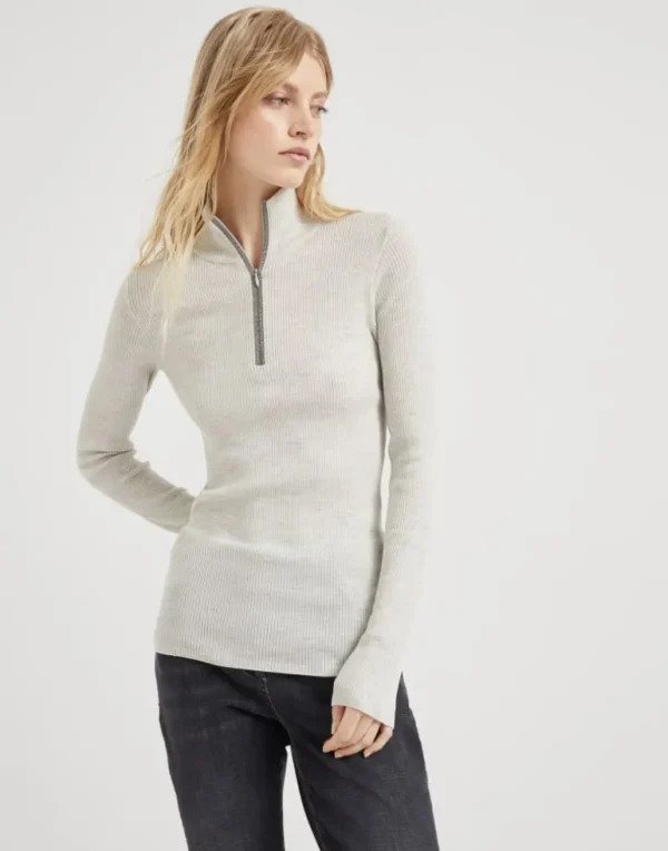 Virgin wool and cashmere rib lightweight sweater with precious half zip