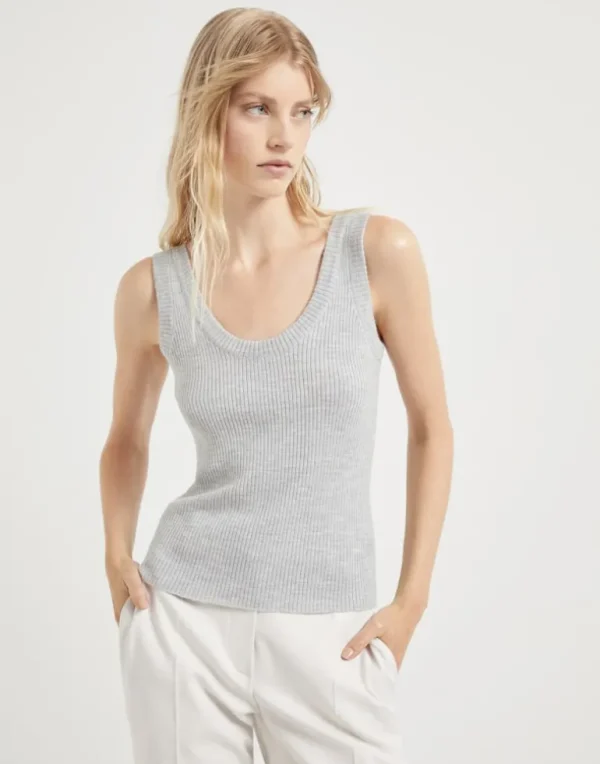 Virgin wool and cashmere rib knit top with monili