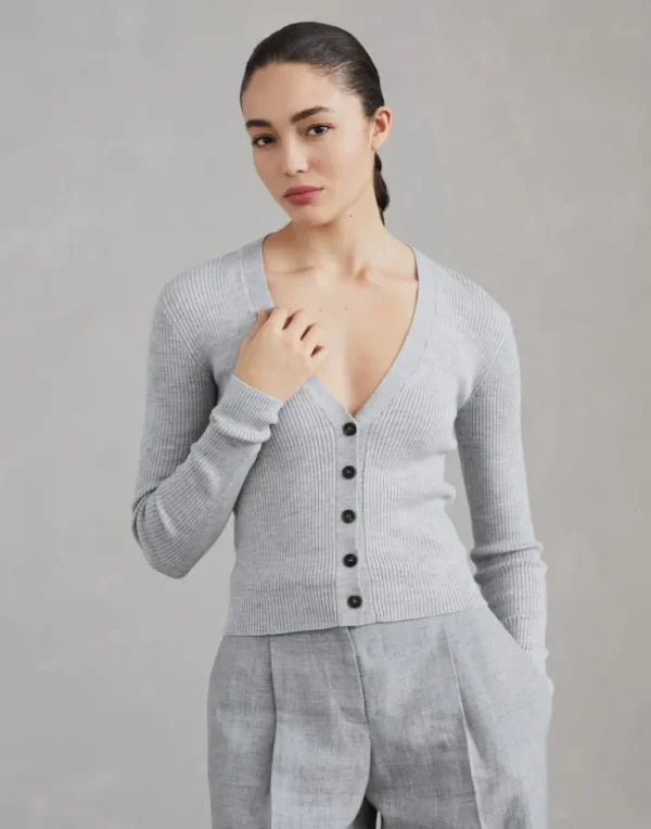 Virgin wool and cashmere rib knit cardigan with monili