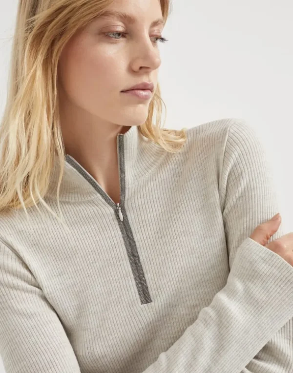 Virgin wool and cashmere rib lightweight sweater with precious half zip