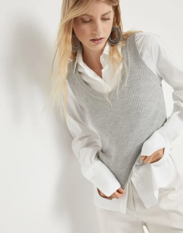 Virgin wool and cashmere rib knit top with monili