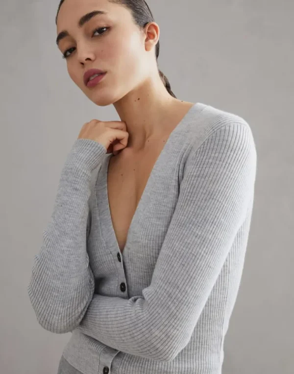 Virgin wool and cashmere rib knit cardigan with monili