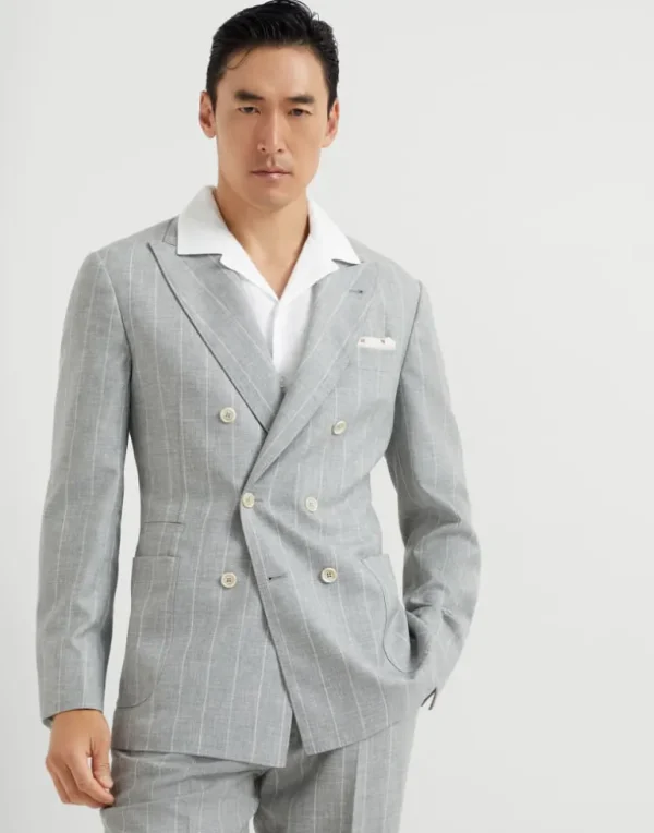 Virgin wool chalk stripe fresco one-and-a-half breasted deconstructed blazer with patch pocket