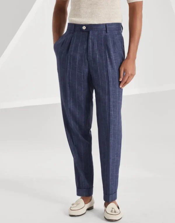 Virgin wool chalk stripe fresco leisure fit trousers with double pleats