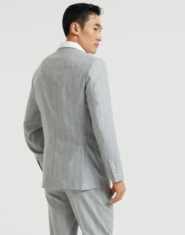 Virgin wool chalk stripe fresco one-and-a-half breasted deconstructed blazer with patch pocket