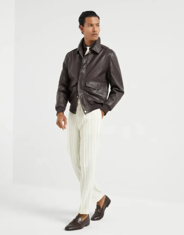 Virgin wool chalk stripe fresco leisure fit trousers with pleat