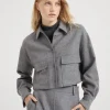 Virgin wool double cloth cropped shirt-style outerwear jacket with shiny tab