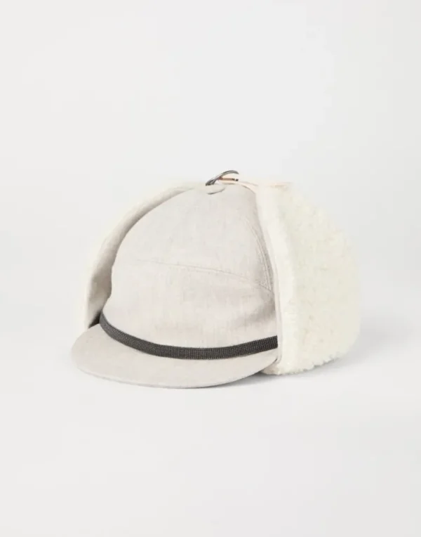 Virgin wool flannel baseball cap with shearling-lined ear flaps and shiny band