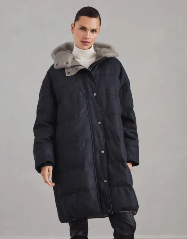 Virgin wool flannel down parka with detachable shearling insert and shiny zipper pull