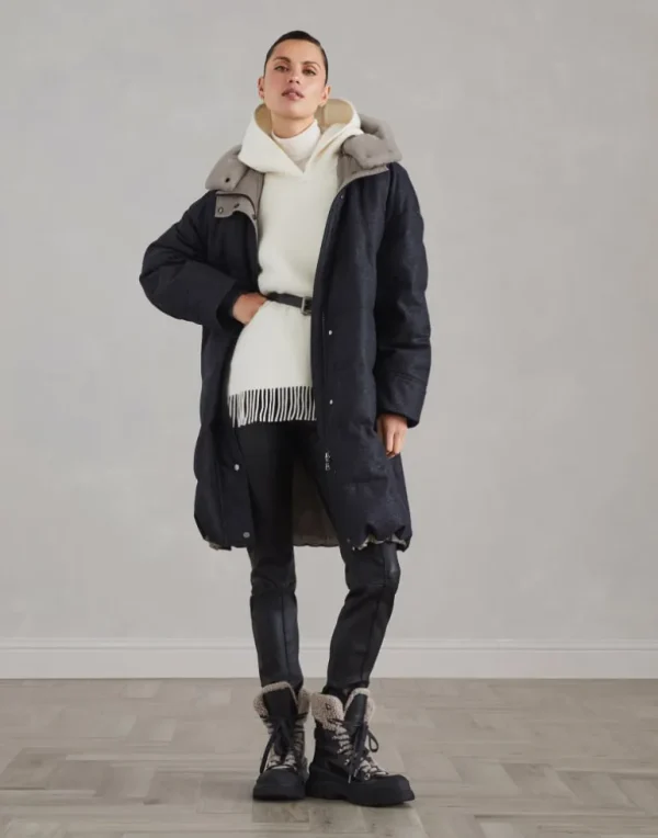 Virgin wool flannel down parka with detachable shearling insert and shiny zipper pull