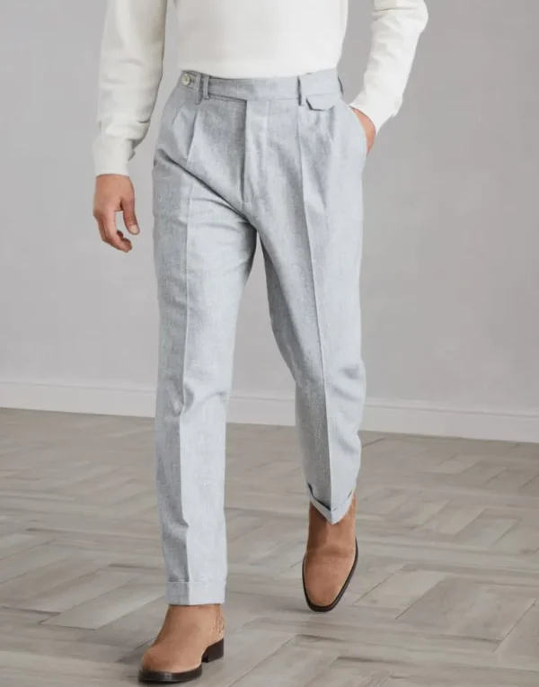 Virgin wool flannel leisure fit trousers with double pleats and tabbed waistband