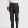 Virgin wool flannel leisure fit trousers with drawstring and double pleats