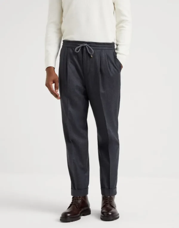 Virgin wool flannel leisure fit trousers with drawstring and double pleats