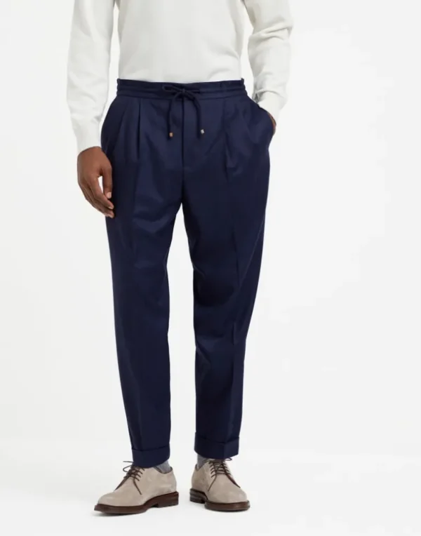 Virgin wool flannel leisure fit trousers with drawstring and double pleats