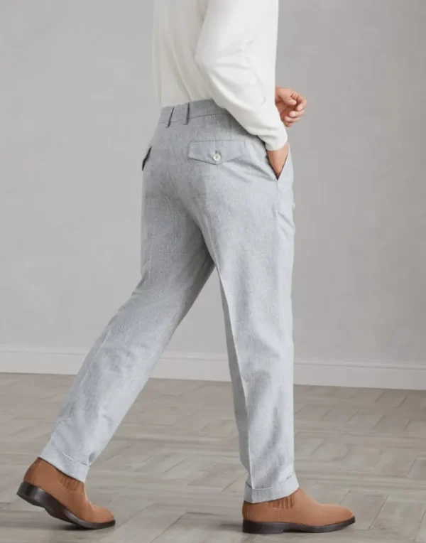 Virgin wool flannel leisure fit trousers with double pleats and tabbed waistband