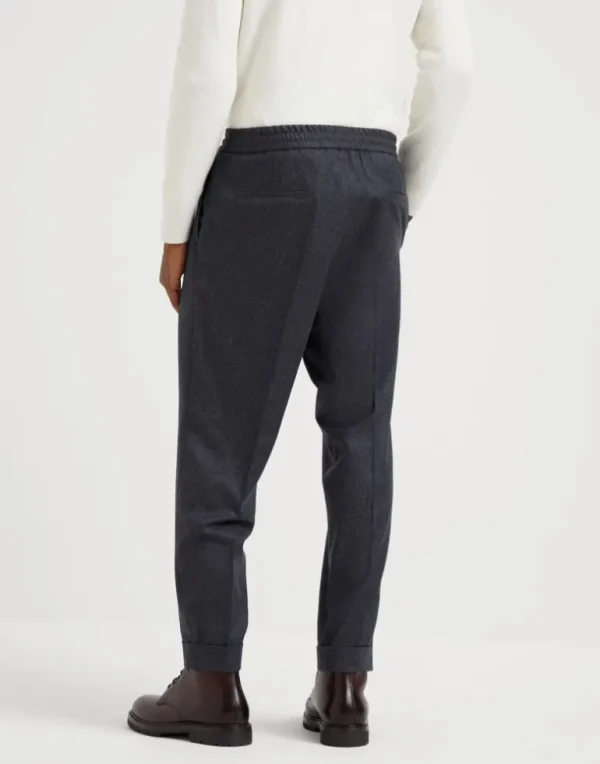 Virgin wool flannel leisure fit trousers with drawstring and double pleats