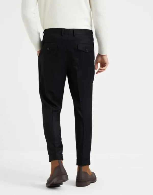 Virgin wool flannel leisure fit trousers with double pleats and tabbed waistband