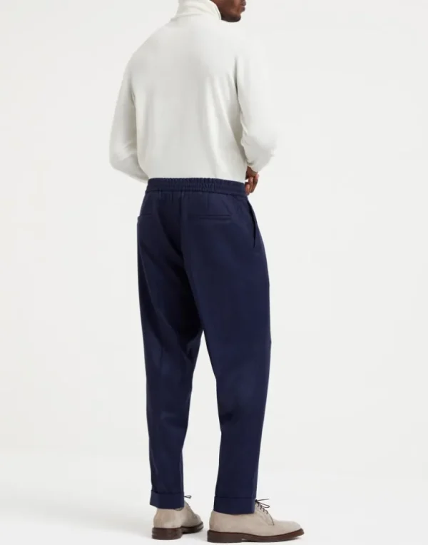 Virgin wool flannel leisure fit trousers with drawstring and double pleats