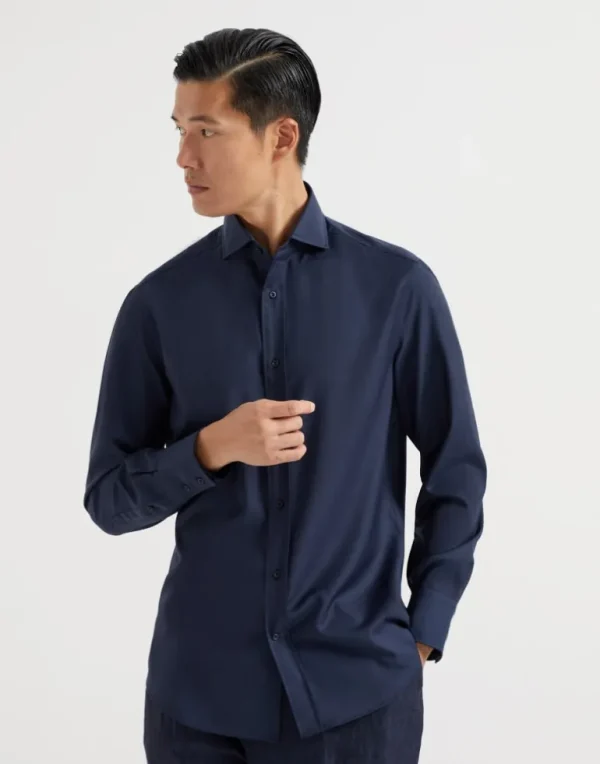 Virgin wool poplin basic fit shirt with spread collar