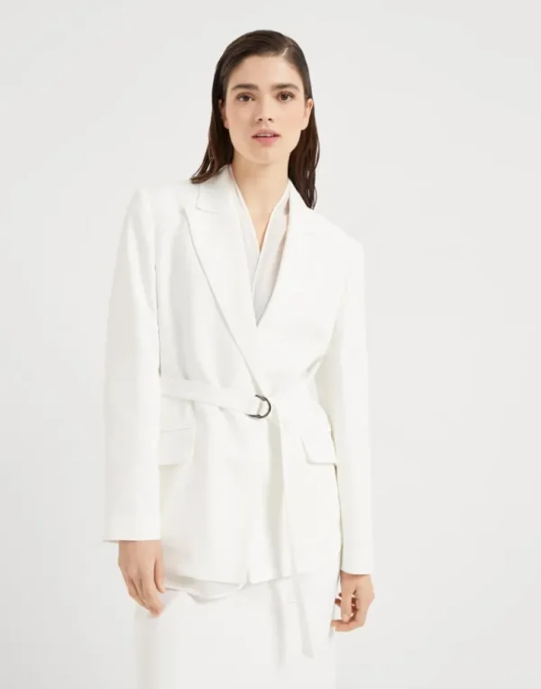 Viscose and linen fluid twill blazer with belt and monili