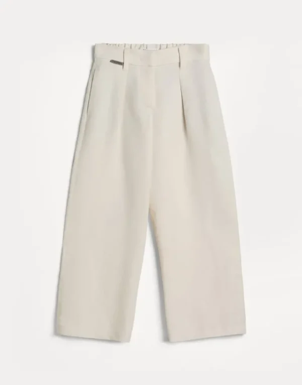 Viscose and linen fluid twill pleated A-line trousers with monili