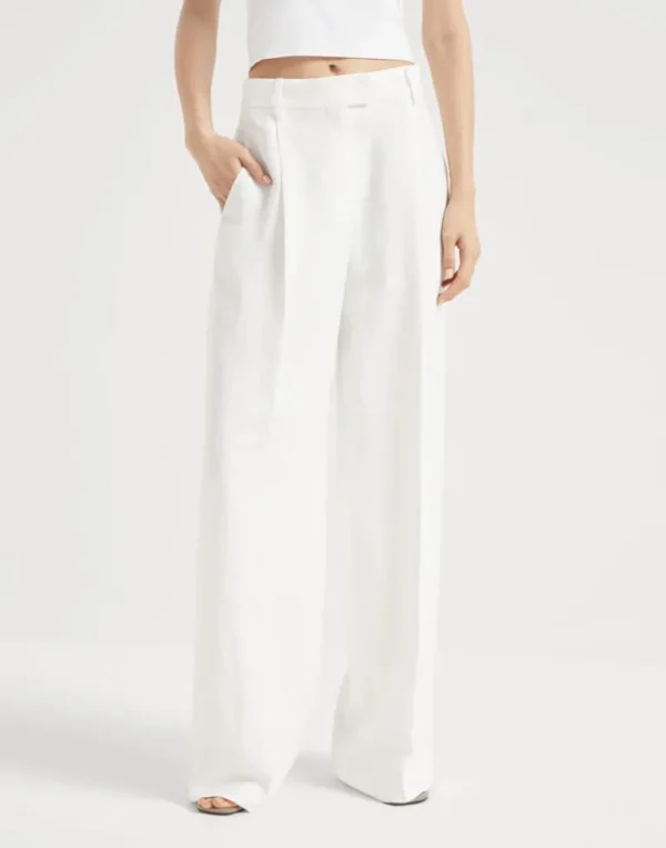 Viscose and linen fluid twill loose pleated trousers with monili