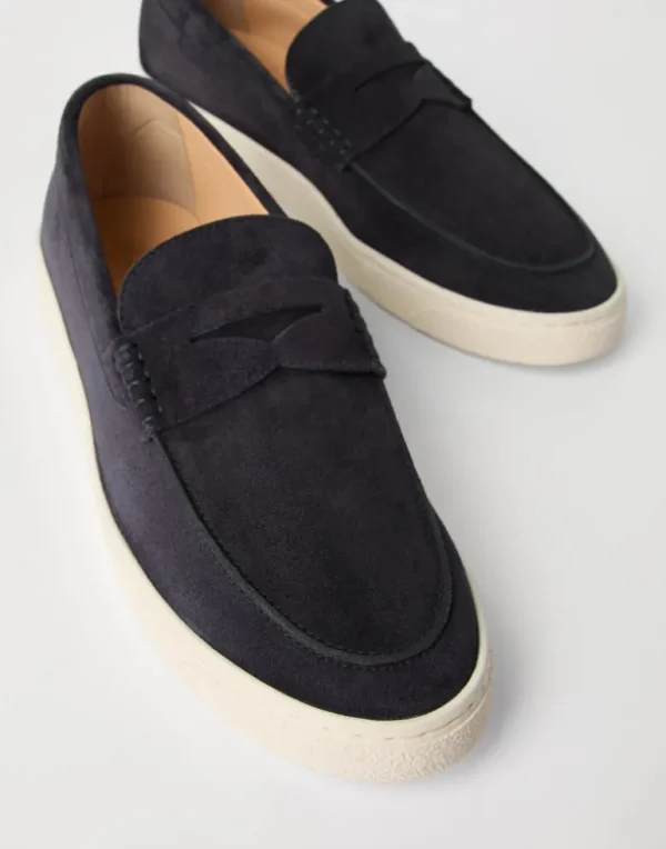 Washed suede loafer sneakers with natural rubber sole