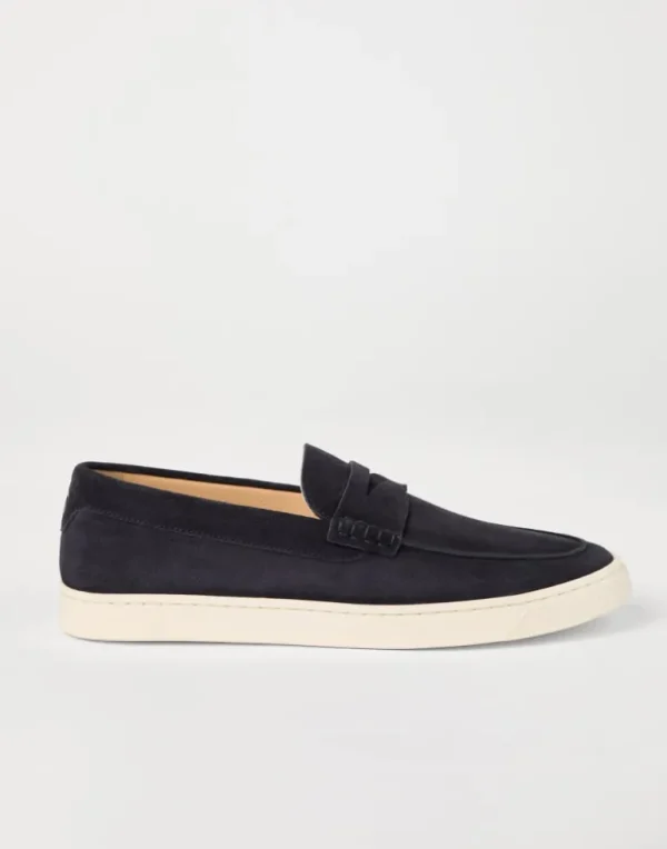 Washed suede loafer sneakers with natural rubber sole