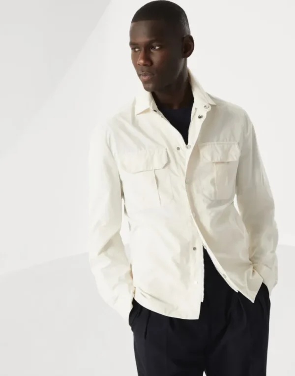 Water-resistant microfiber shirt-style unlined outerwear jacket with heat-bonded seams