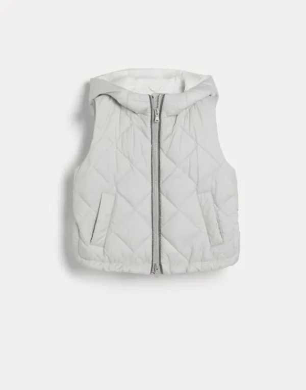 Water-resistant nylon hooded outerwear vest with Thermore® padding and monili