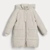 Water-resistant taffeta down coat with detachable cashmere shearling hood and monili