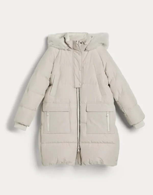 Water-resistant taffeta down coat with detachable cashmere shearling hood and monili