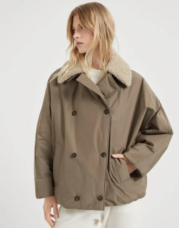 Water-resistant taffeta down jacket with detachable shearling collar and monili