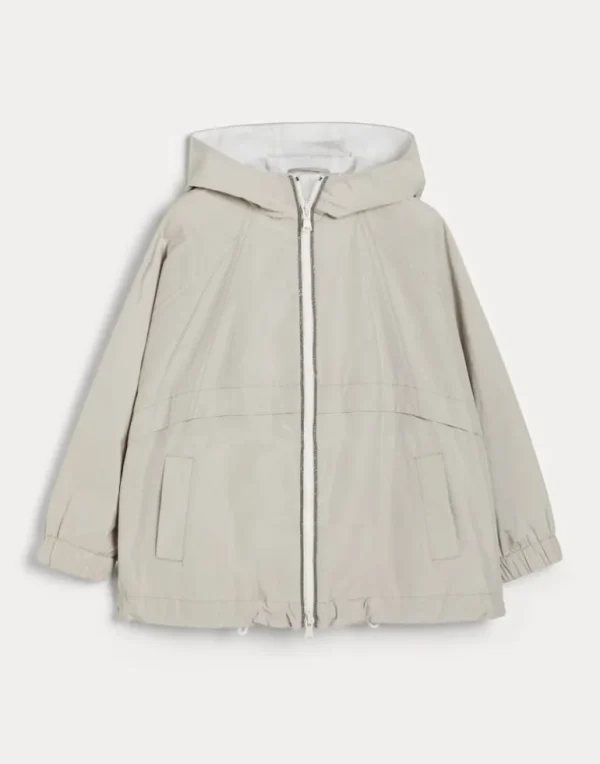 Water-resistant taffeta hooded outerwear jacket with monili