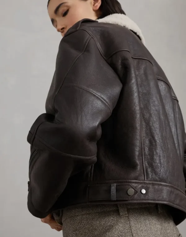 Waxed shearling biker jacket with shiny details