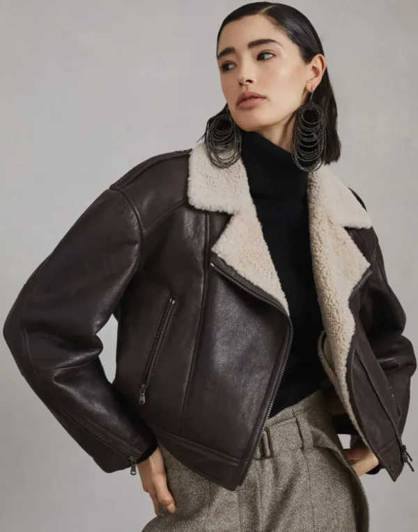 Waxed shearling biker jacket with shiny details