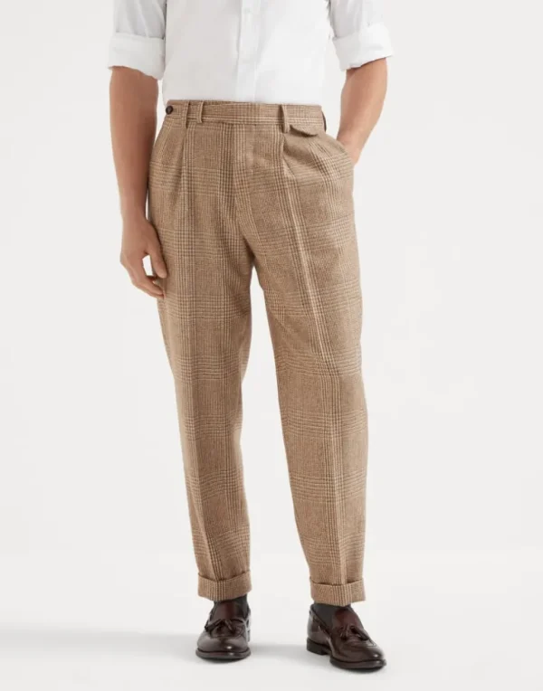 Wool and alpaca Prince of Wales leisure fit trousers with double pleats and tabbed waistband