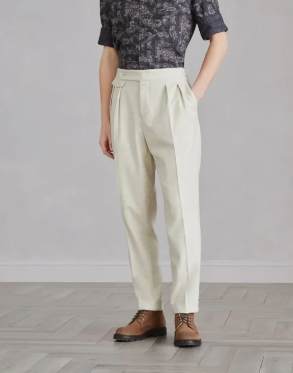 Wool and cashmere chevron leisure fit trousers with pleat and waist tabs