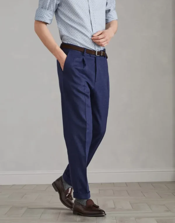 Wool and cashmere combed flannel leisure fit trousers with pleat