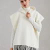 Wool and cashmere double knit poncho with hood and fringe