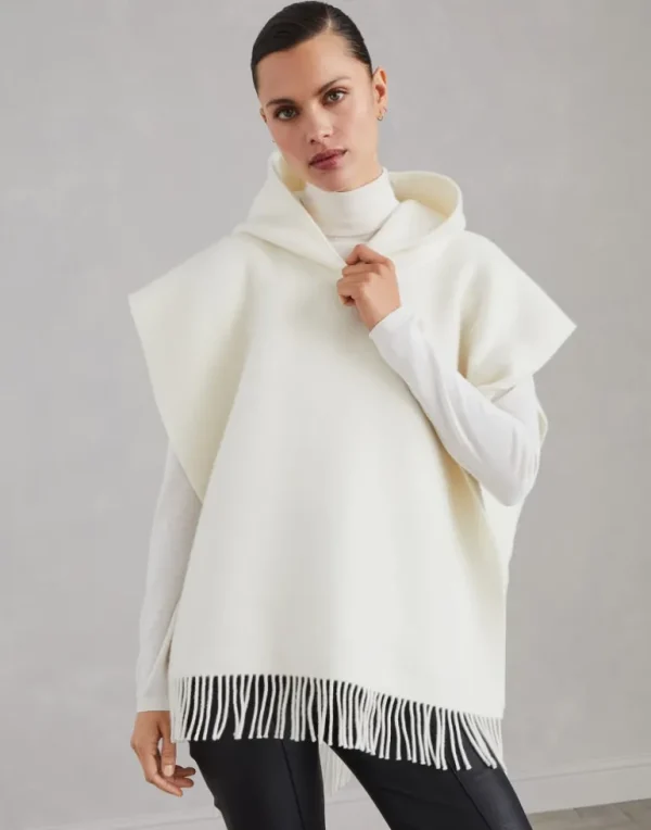 Wool and cashmere double knit poncho with hood and fringe