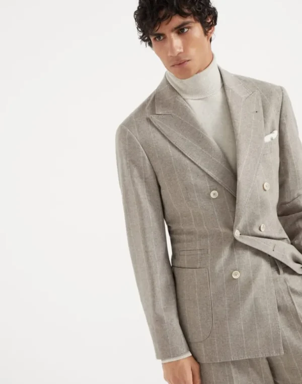 Wool and cashmere wide chalk stripe combed flannel one-and-a-half breasted deconstructed blazer with patch pockets